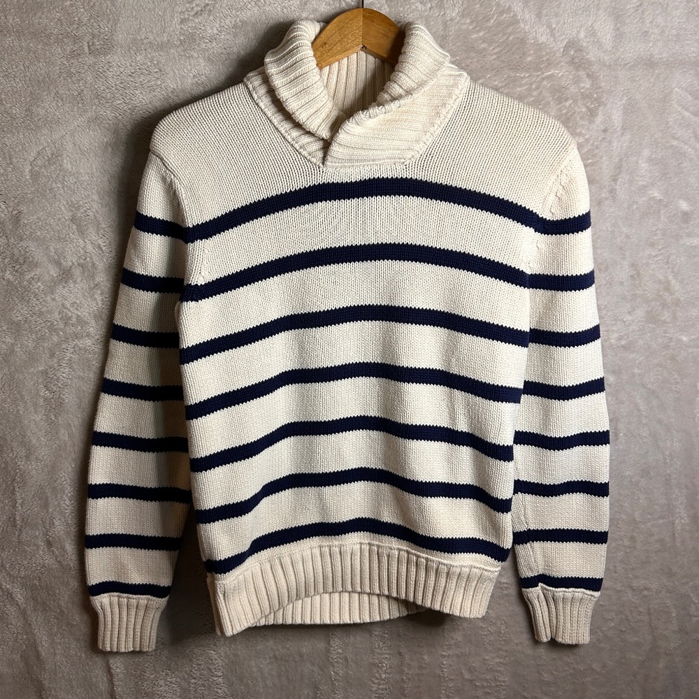 American Eagle Sweater Mens M Blue White Striped Shawl Collar Pullover Fisherman